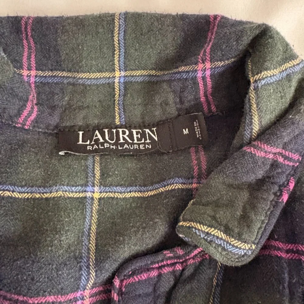 Lauren Ralph Lauren  Green Plaid Flannel Pajamas 2-Piece Set Preppy Cabincore M